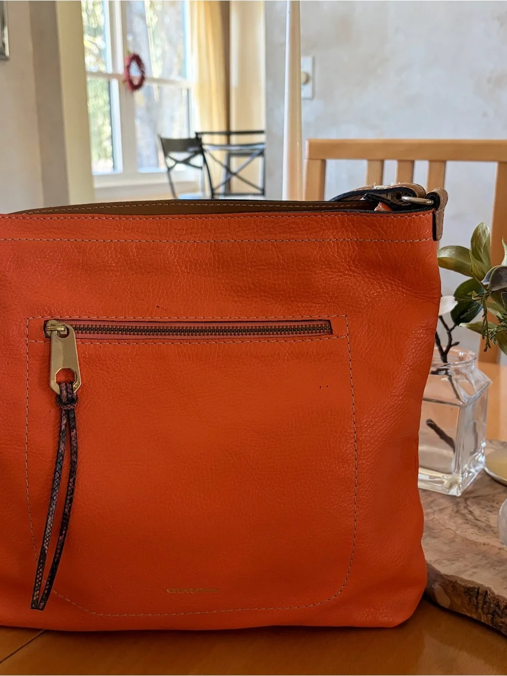 Dimoni Orange Leather Crossbody Bag with Tan Strap